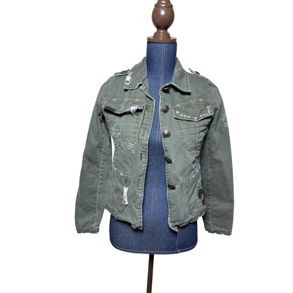 Miss Me Military Jacket Small Green Distressed Studded Rhinestone Flour De Lis